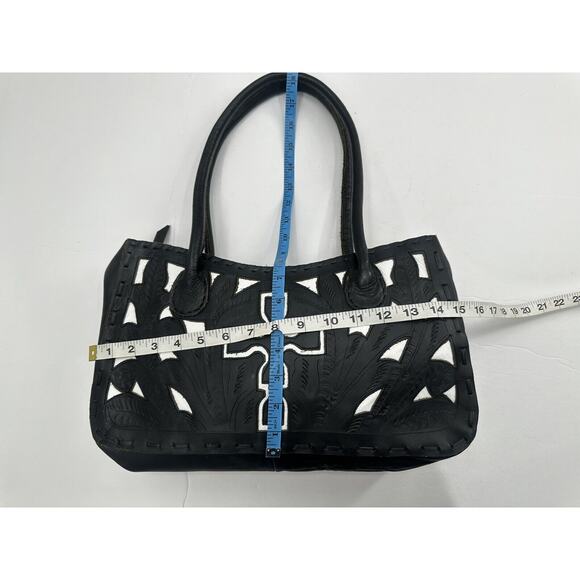 JL Saldivar Black White Handtooled Leather Purse Handbag cross Western - Picture 5 of 8